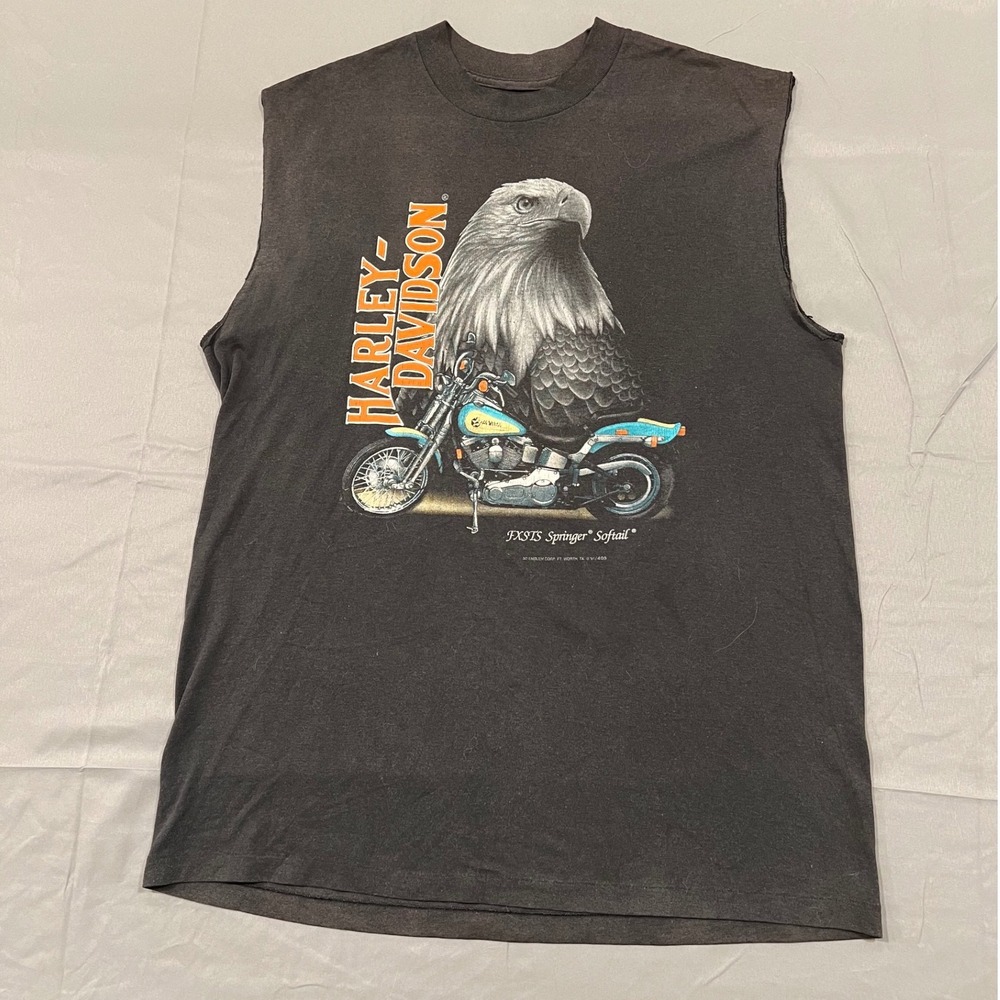 Vintage 1991 Harley Davidson 3D Emblem Springer Softail Eagle Sleeveless T
